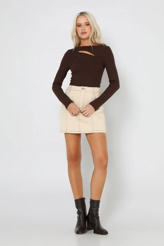 LOST IN LUNAR - POPPY RIBBED LONG SLEEVE TOP - CHOCOLATE