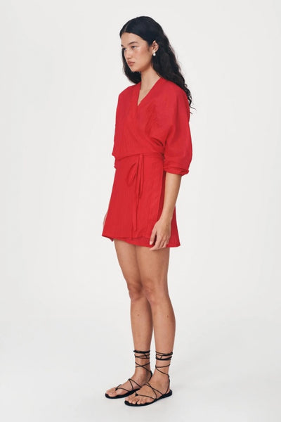 ROWIE - ISLA SILK WRAP MINI DRESS - TRUE RED - PERHT STOCKIST