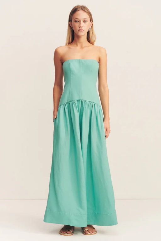 SHONA JOY - ALEC LINEN STRAPLESS PANELLED MAXI DRESS - POOL BLUE