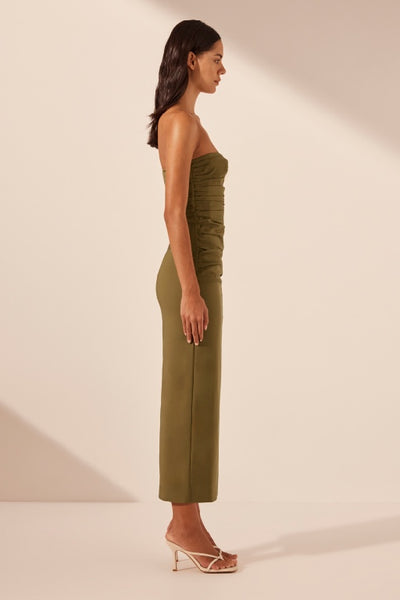 SHONA JOY - LANI STRAPLESS GATHERED MIDI DRESS - ARMY GREEN