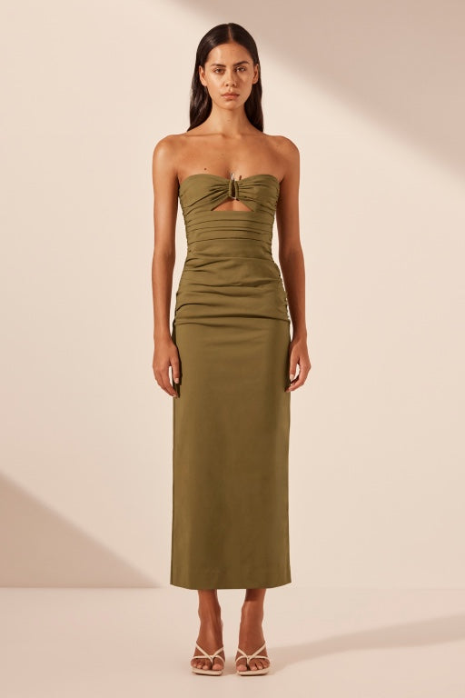 SHONA JOY - LANI STRAPLESS GATHERED MIDI DRESS - ARMY GREEN