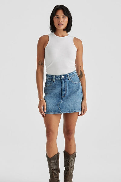 WRANGLER - REPAIR MINI SKIRT - MID DAYS INDIGO - PERTH STOCKIST - AUSTRALIAN STOCKIST - WA STOCKIST - AUSTRALIA STOCKIST - AUS STOCKIST - PERTH BOUTIQUE - WA BOUTIQUE - AUS BOUTIQUE - AUSTRALIA BOUTIQUE